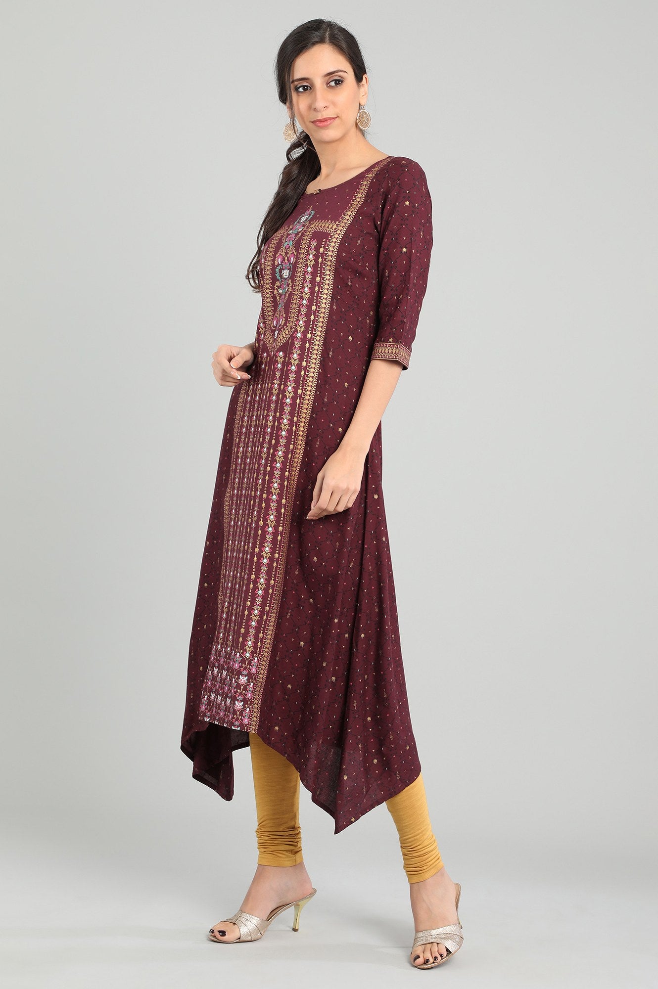 Maroon Round Neck Printed kurta