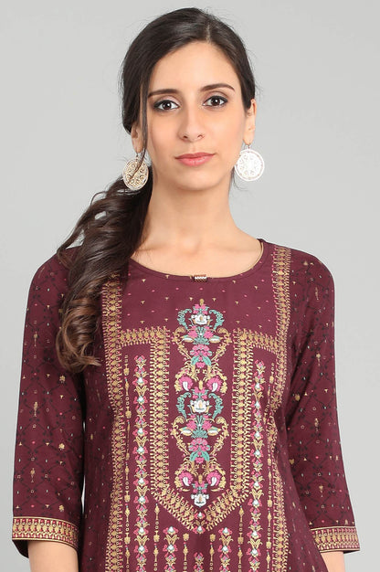 Maroon Round Neck Printed kurta