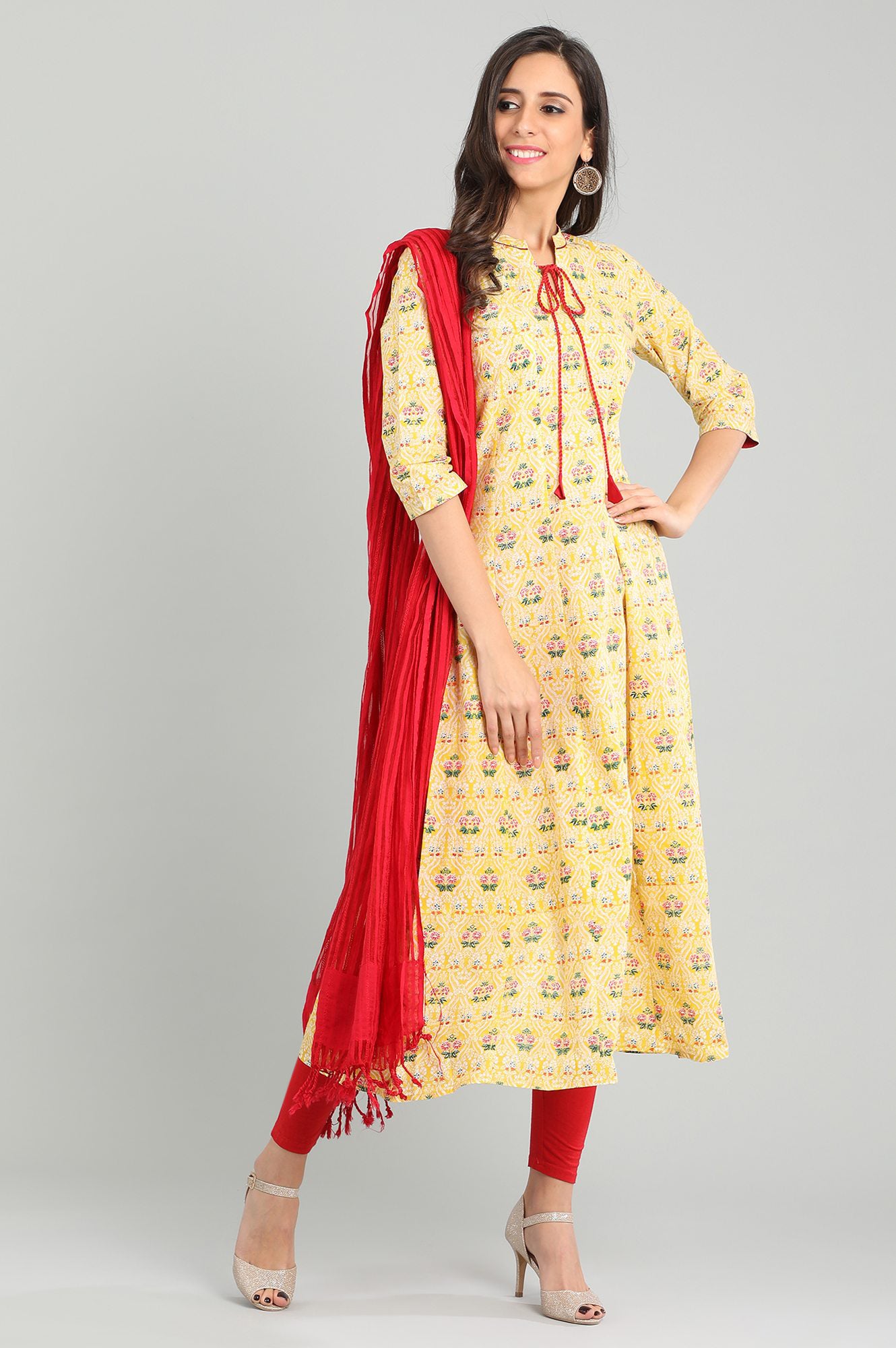 Yellow Band Collar Floral Printed kurta