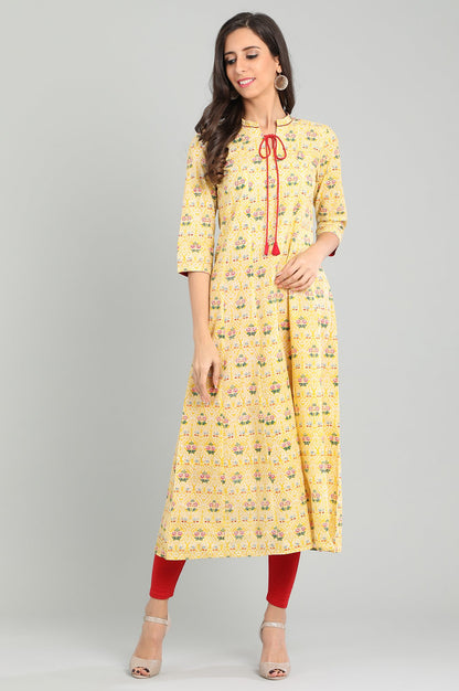 Yellow Band Collar Floral Printed kurta