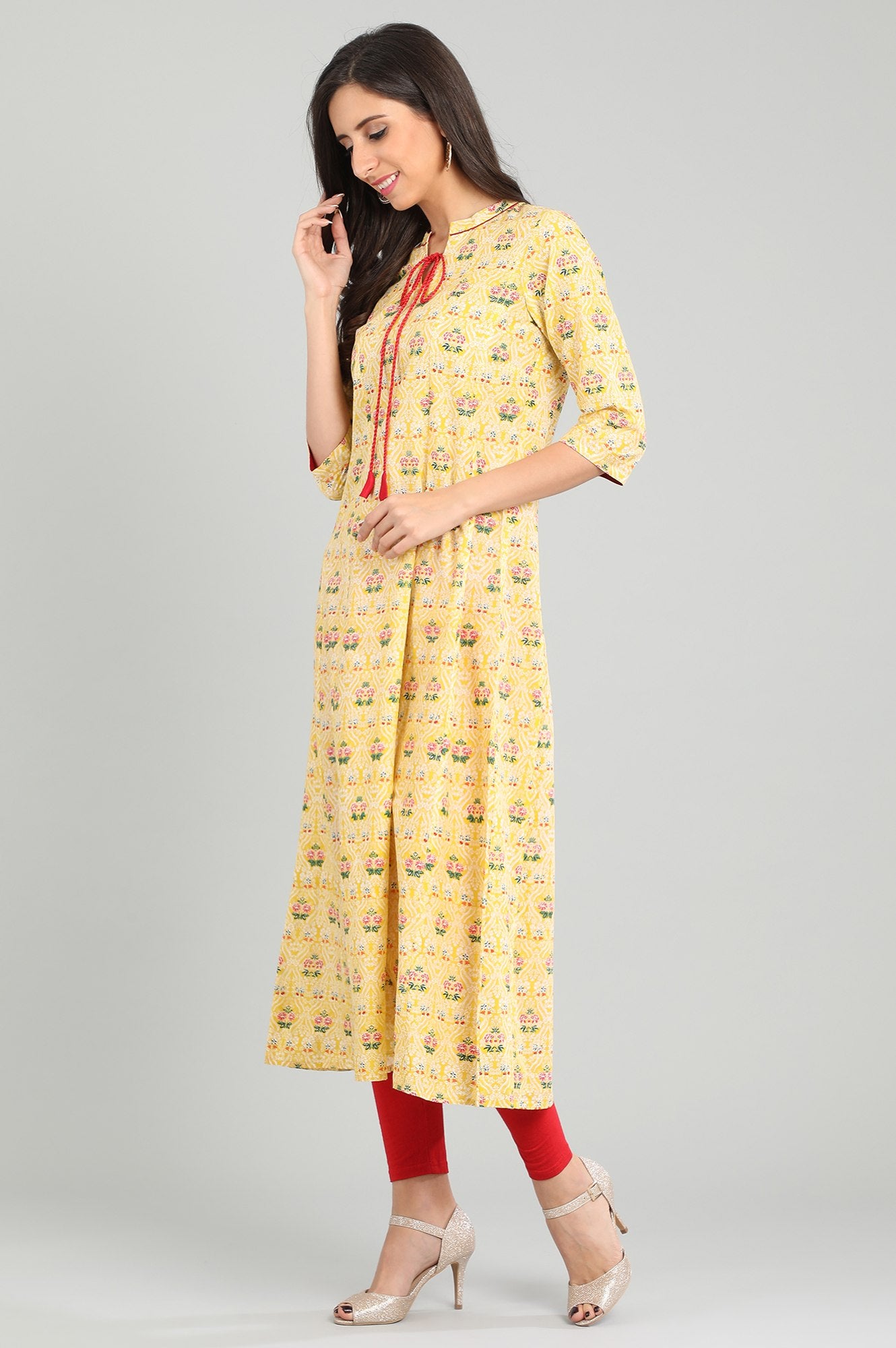 Yellow Band Collar Floral Printed kurta