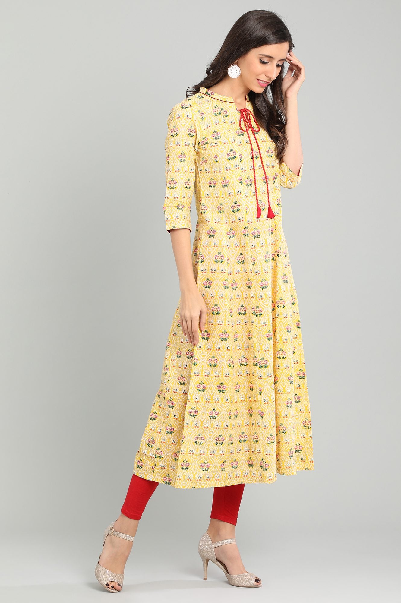 Yellow Band Collar Floral Printed kurta