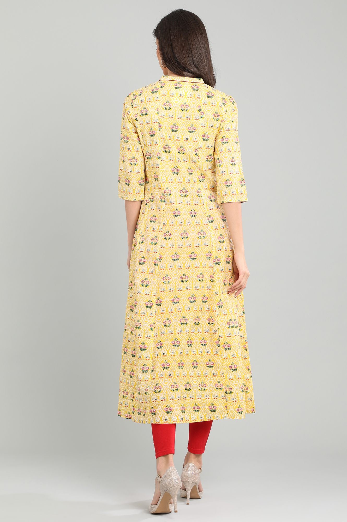 Yellow Band Collar Floral Printed kurta