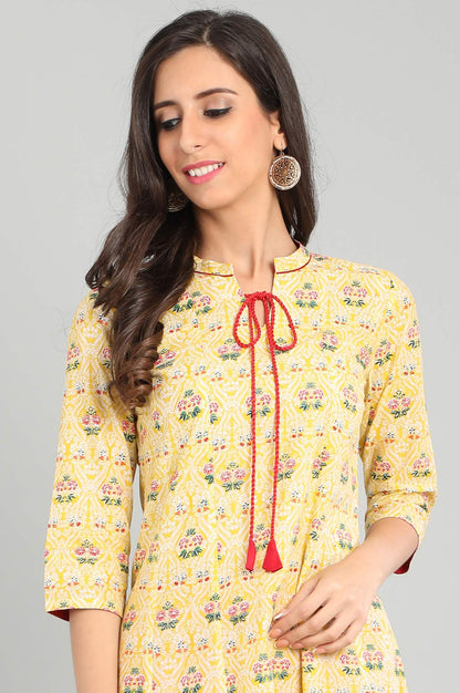 Yellow Band Collar Floral Printed kurta