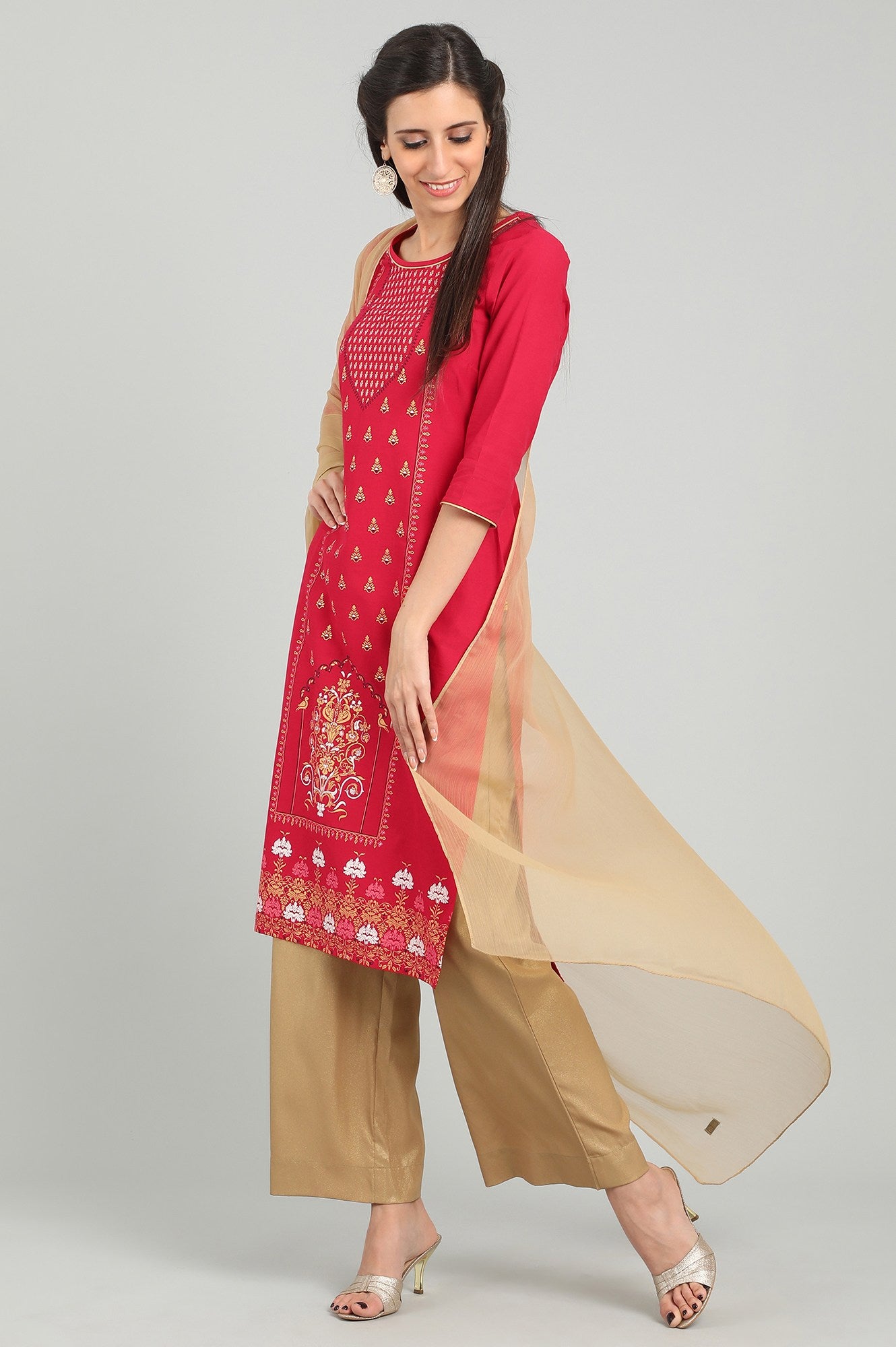 Red Round Neck Printed kurta