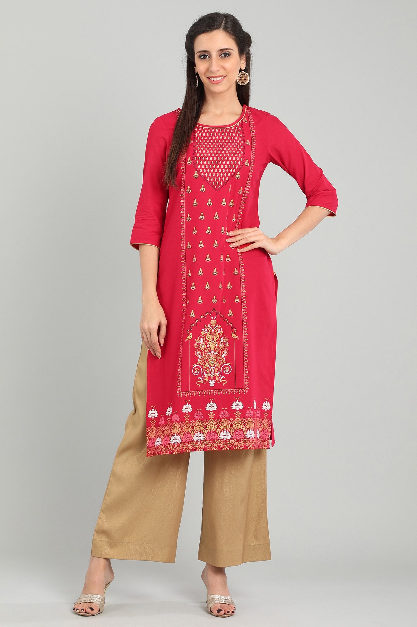 Red Round Neck Printed kurta