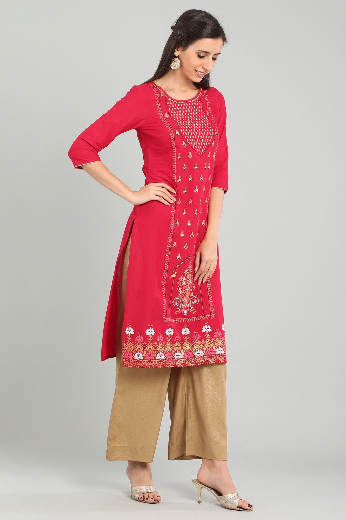 Red Round Neck Printed kurta