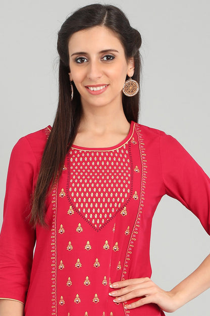 Red Round Neck Printed kurta