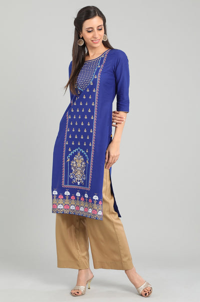 Blue Round Neck Printed kurta