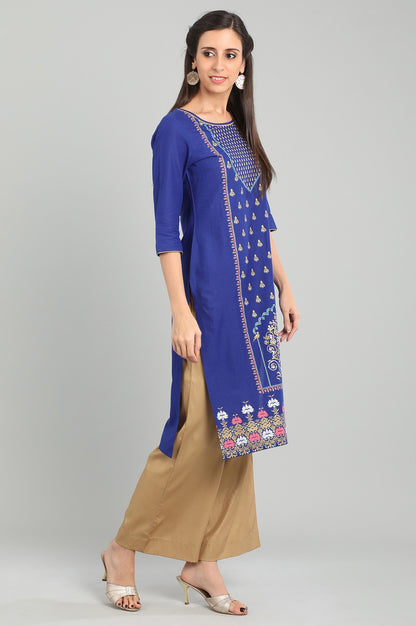 Blue Round Neck Printed kurta