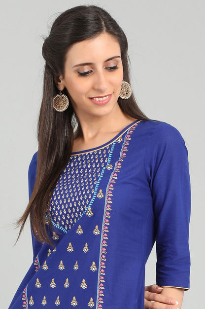 Blue Round Neck Printed kurta