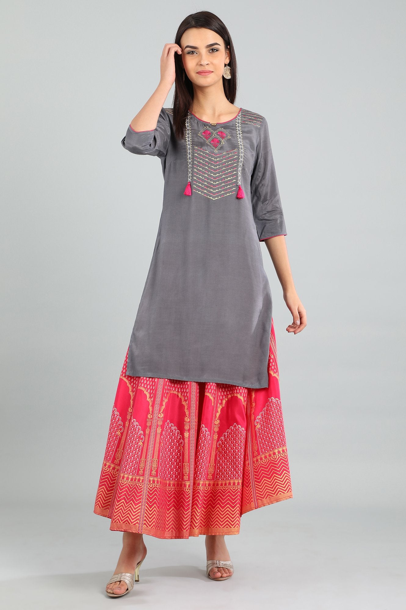 Grey Round Neck Tassel kurta