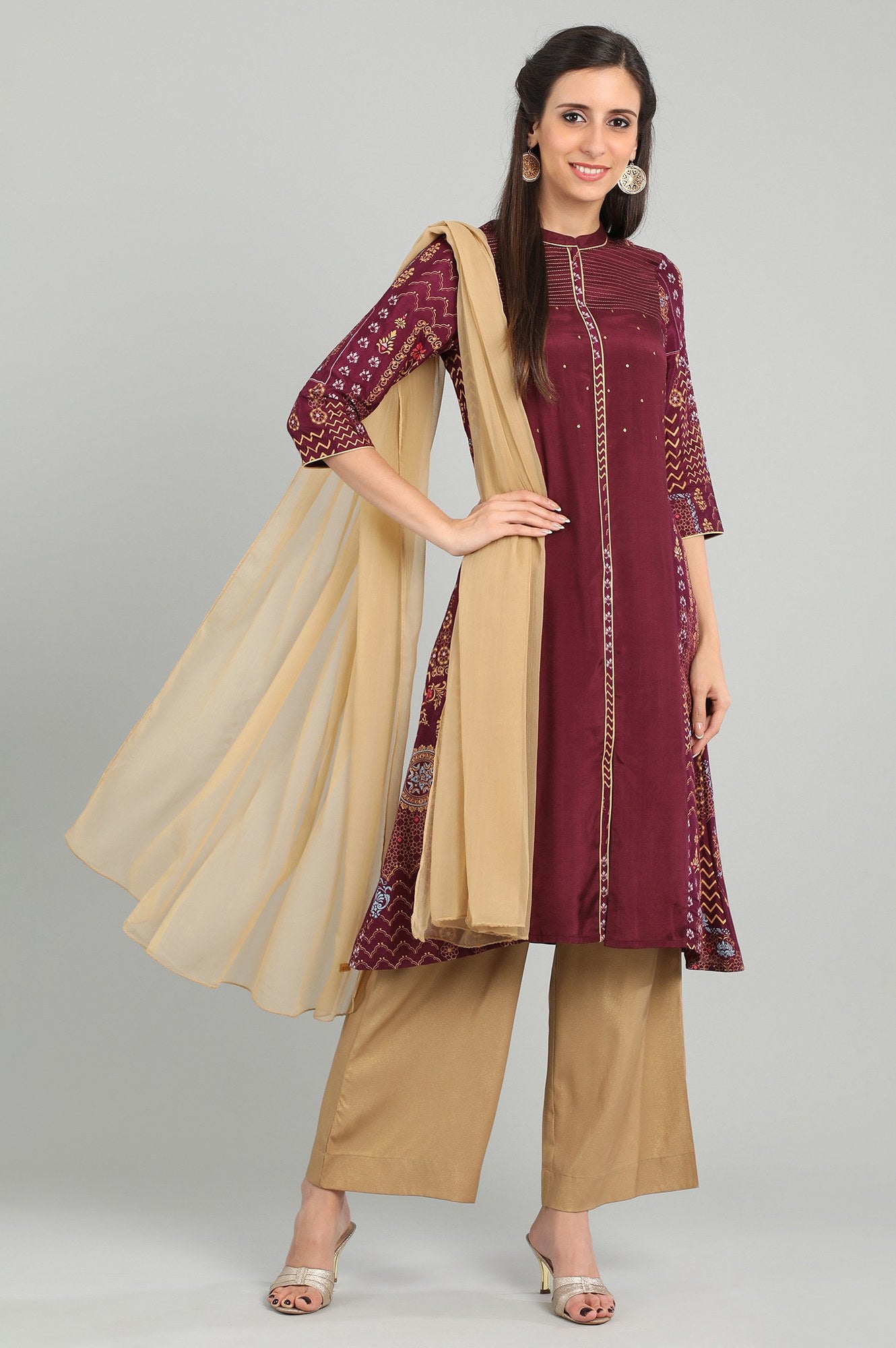 Wine Band Collar Printed kurta