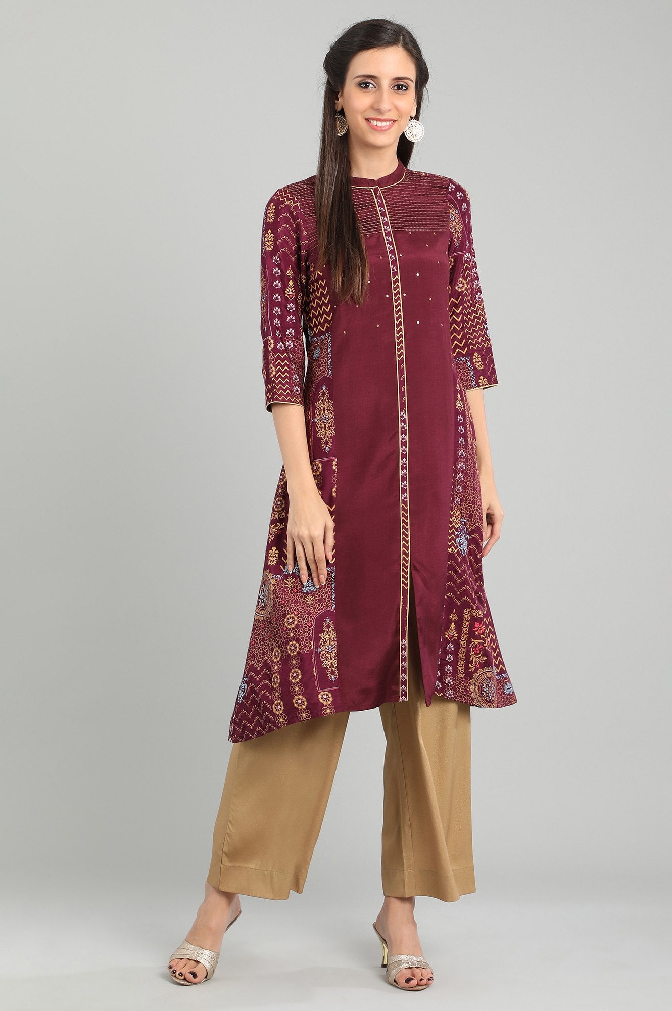 Wine Band Collar Printed kurta