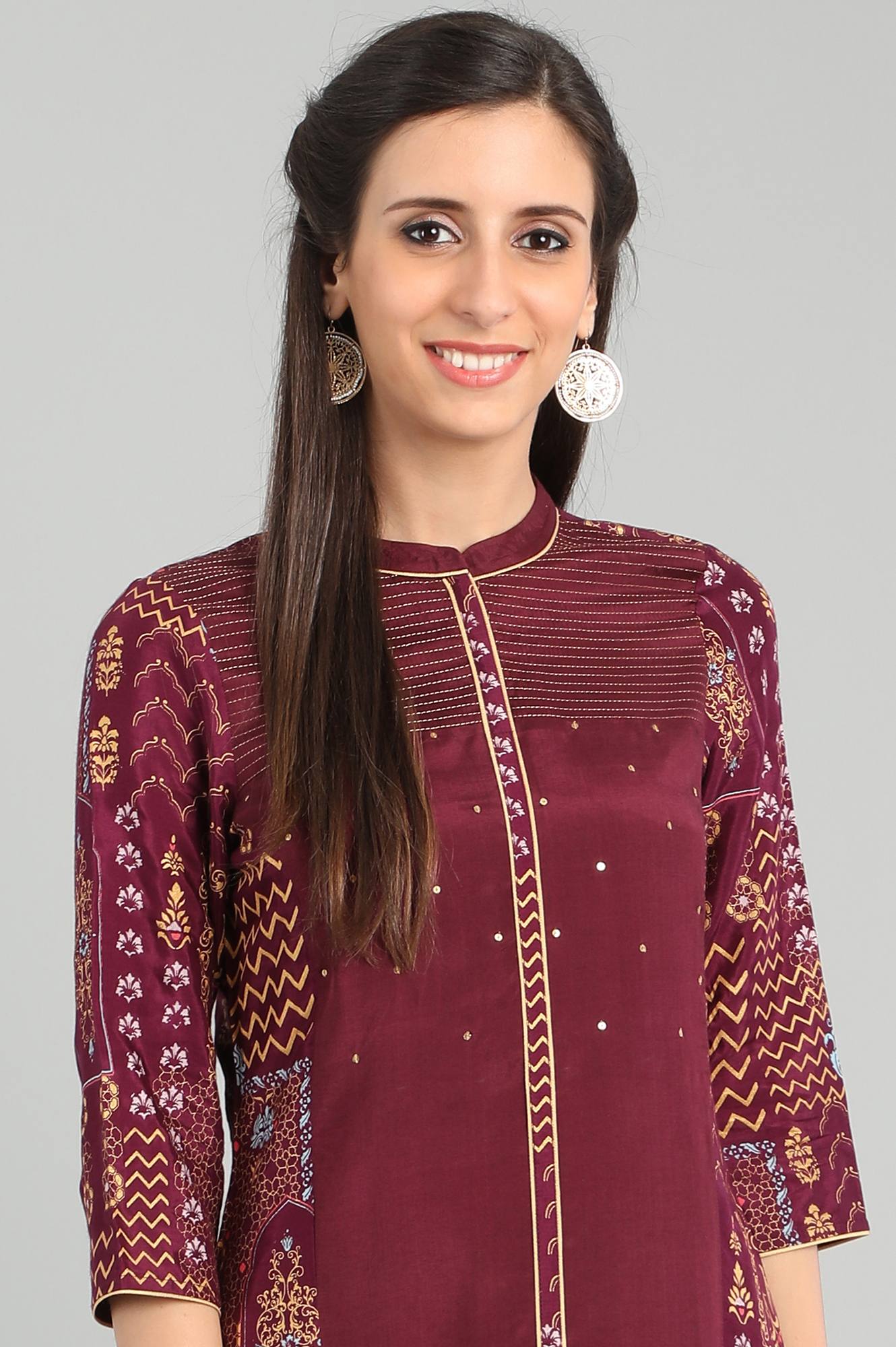 Wine Band Collar Printed kurta