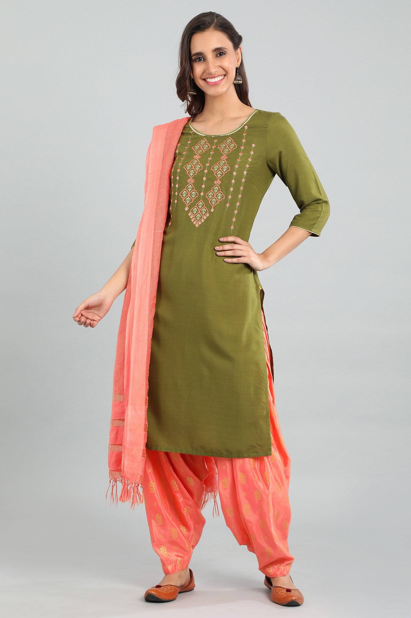 Green Round Neck Printed kurta