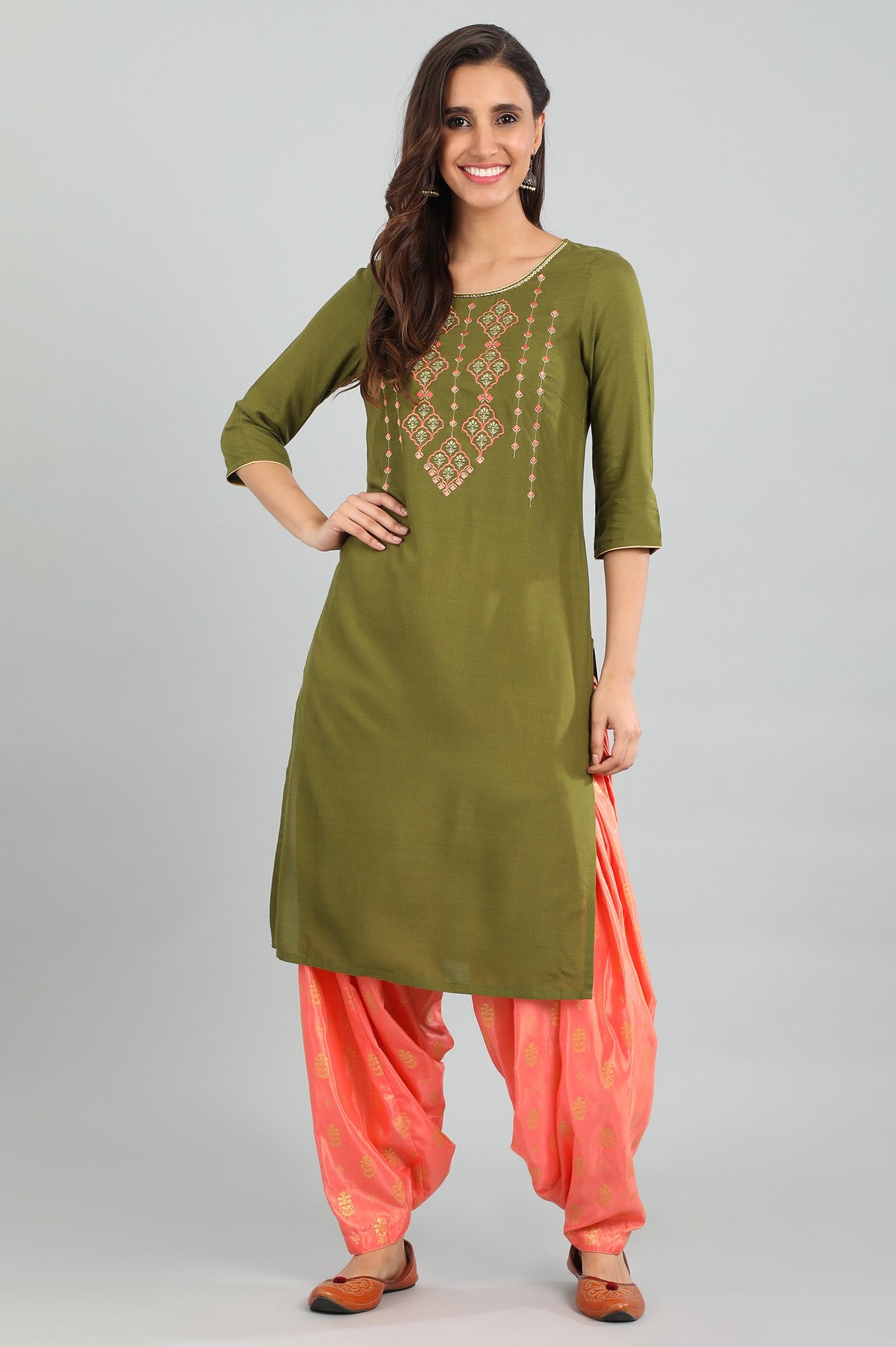 Green Round Neck Printed kurta