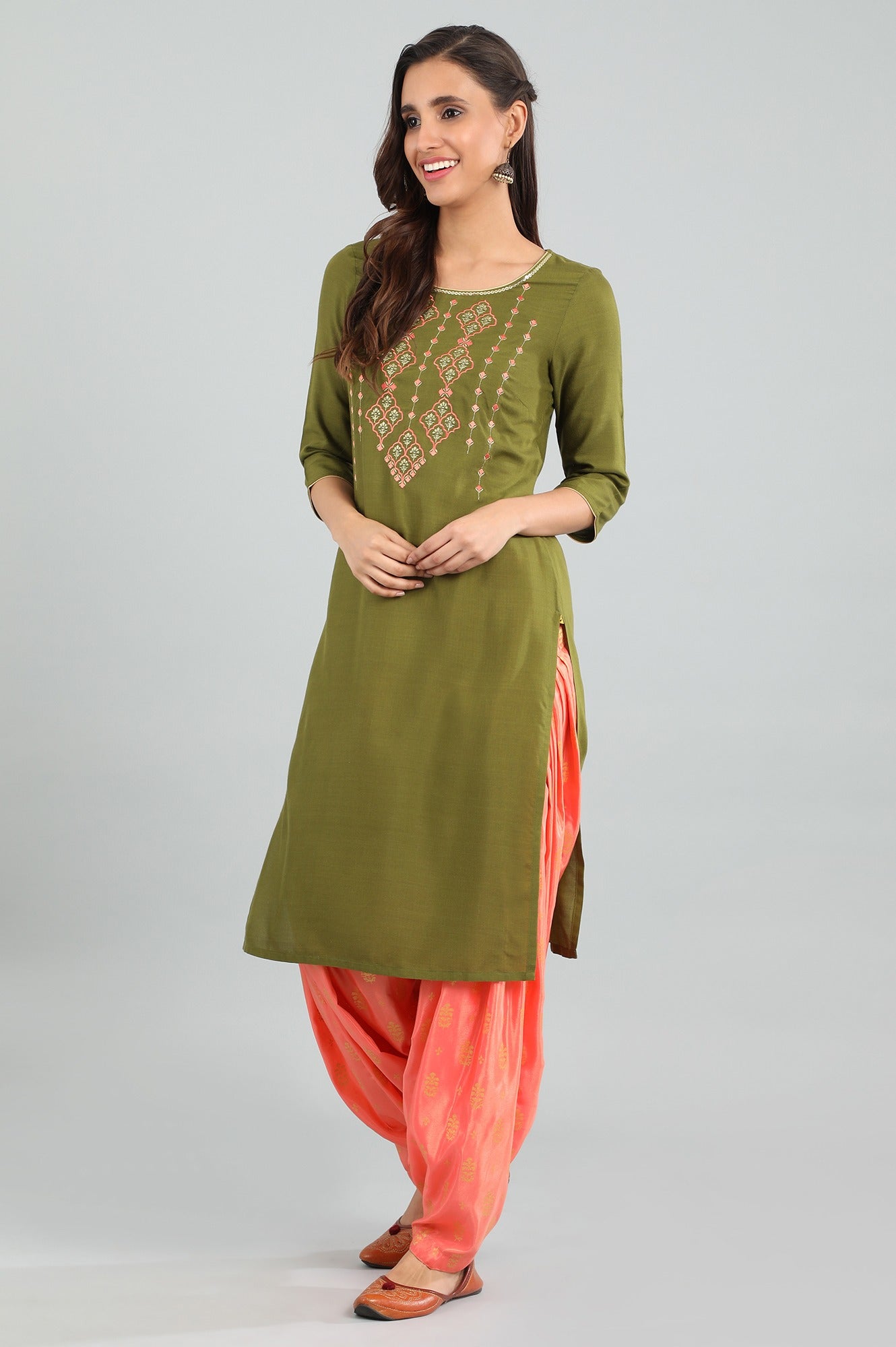 Green Round Neck Printed kurta