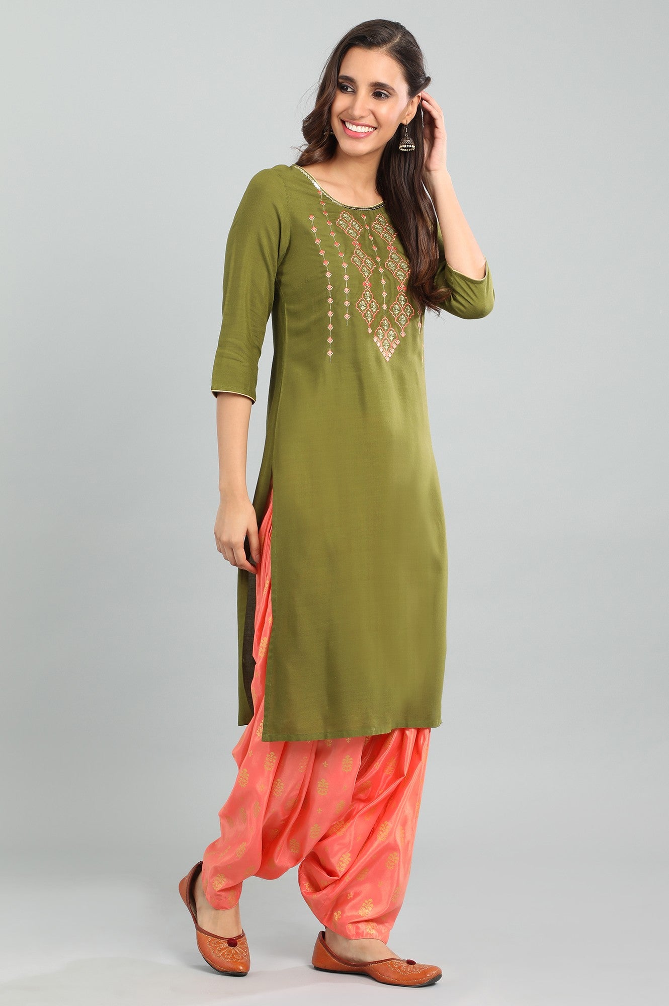 Green Round Neck Printed kurta