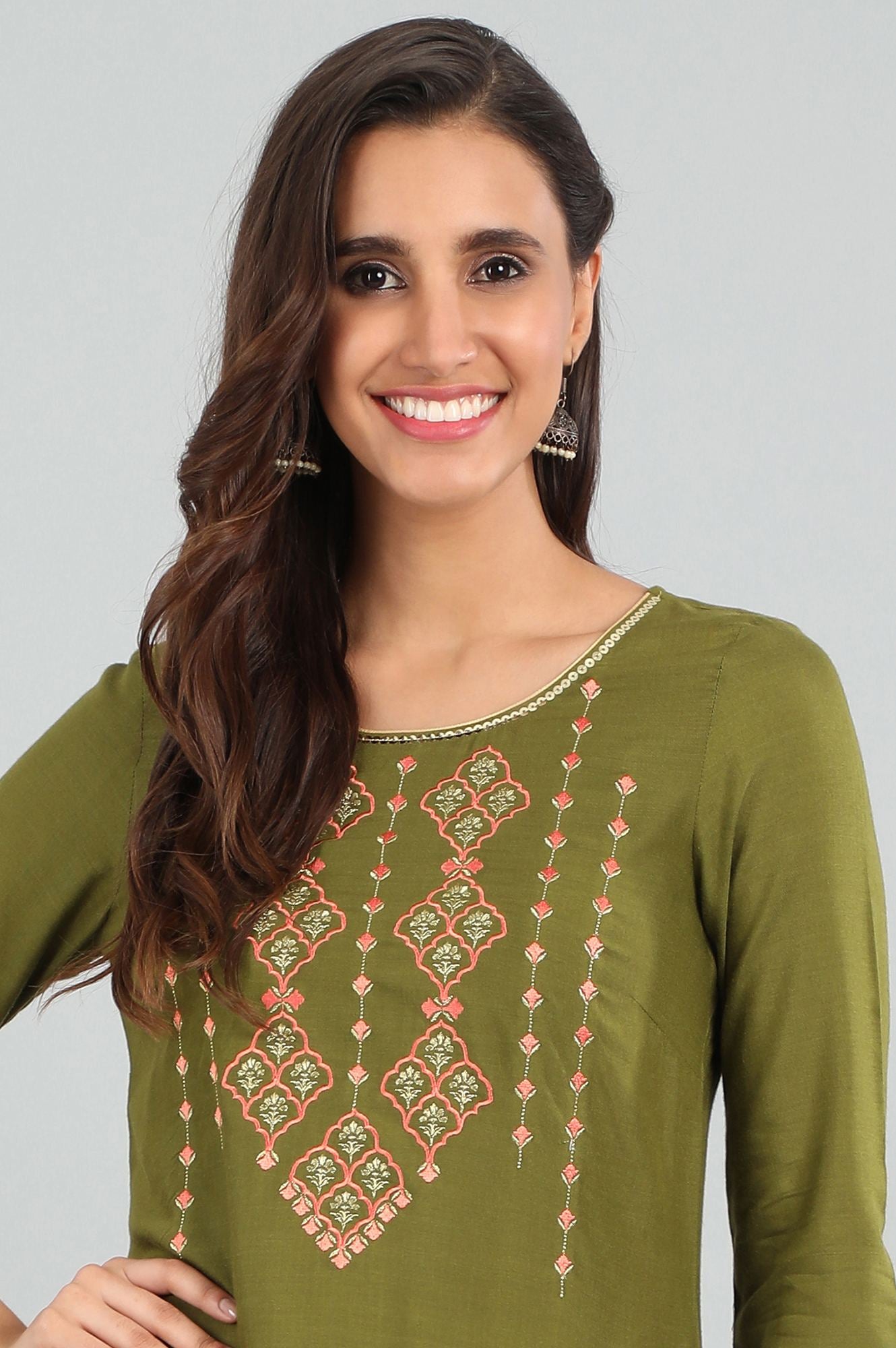 Green Round Neck Printed kurta