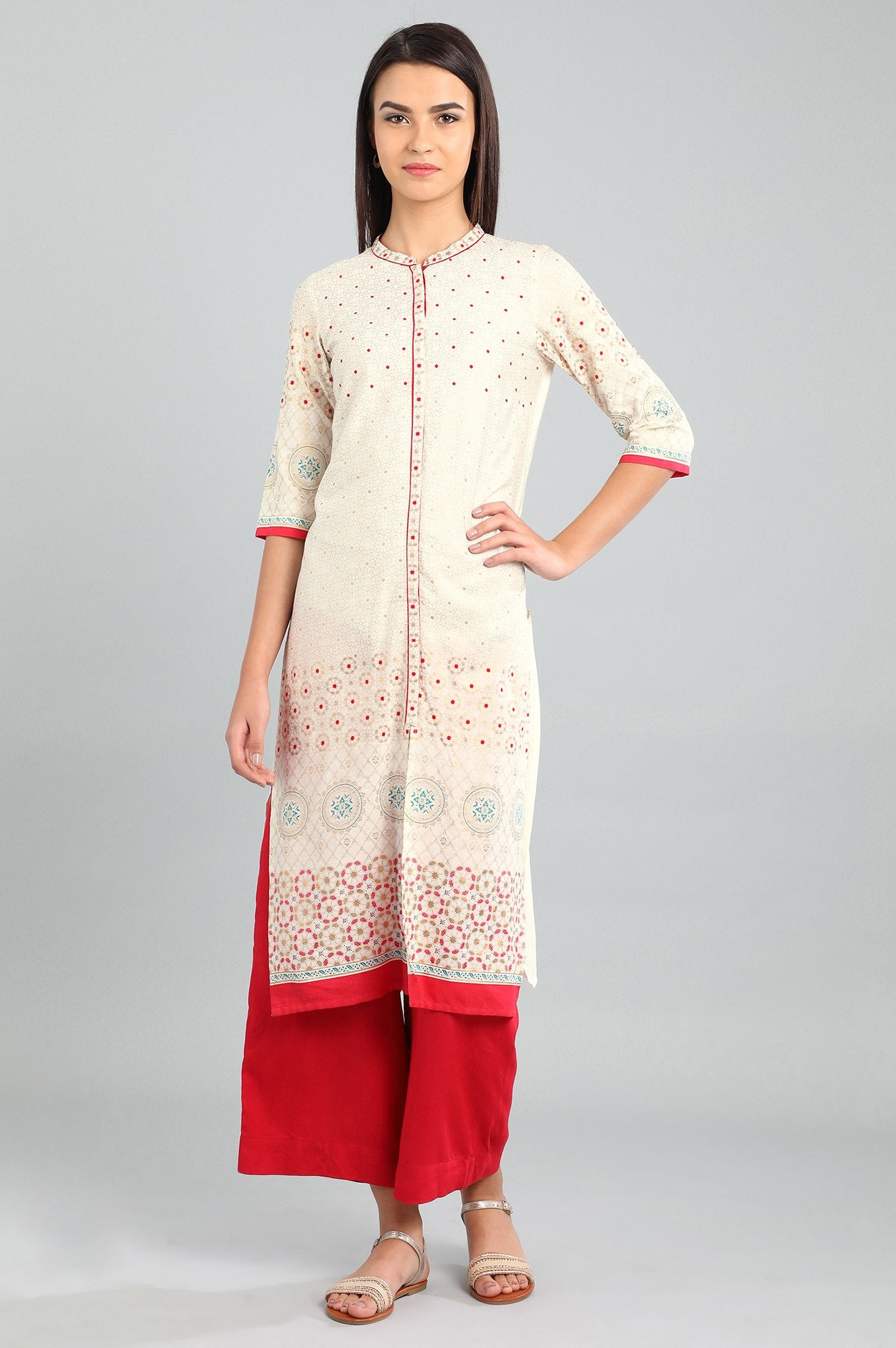 White Mandarin Neck Printed kurta