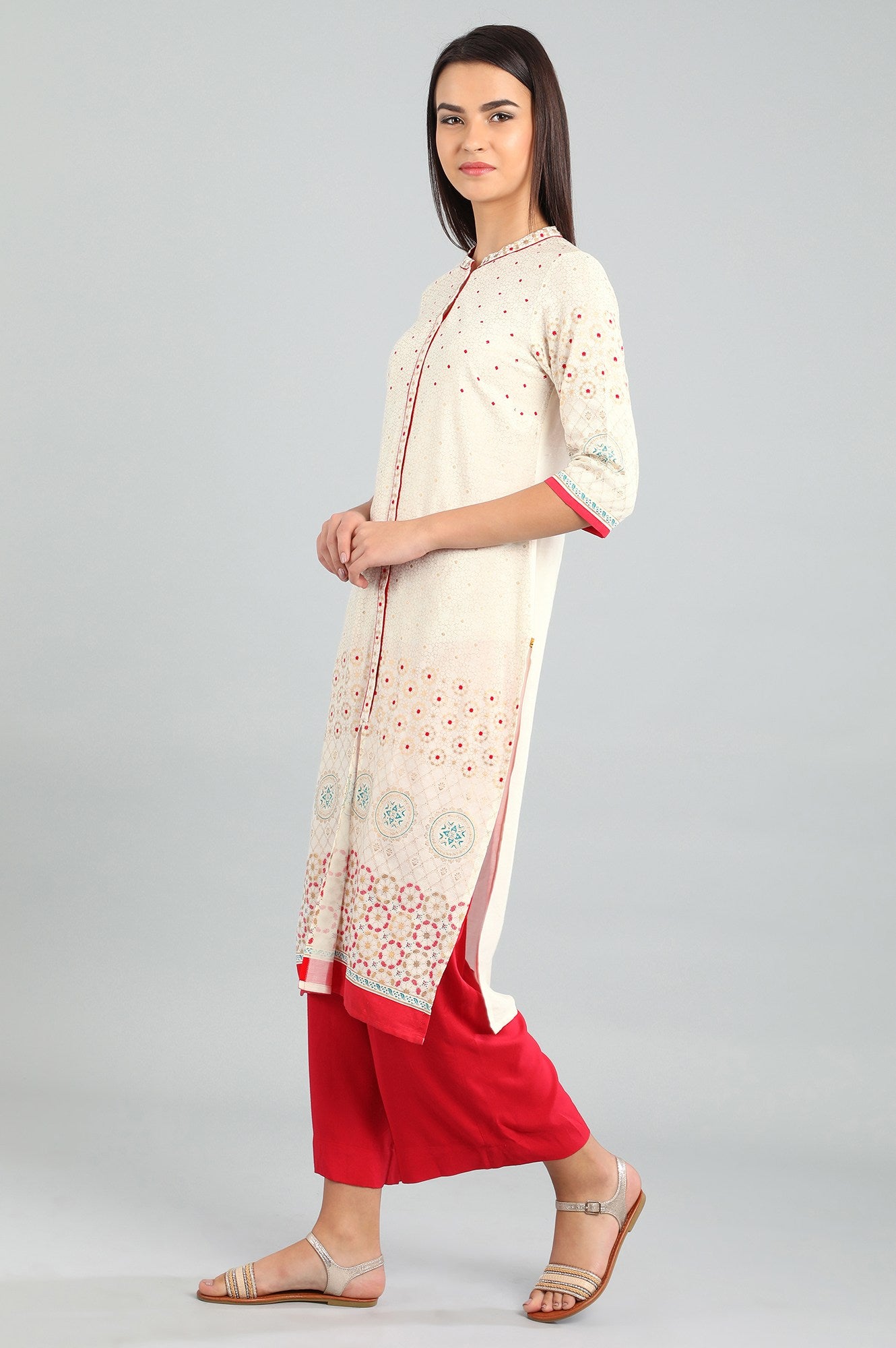 White Mandarin Neck Printed kurta