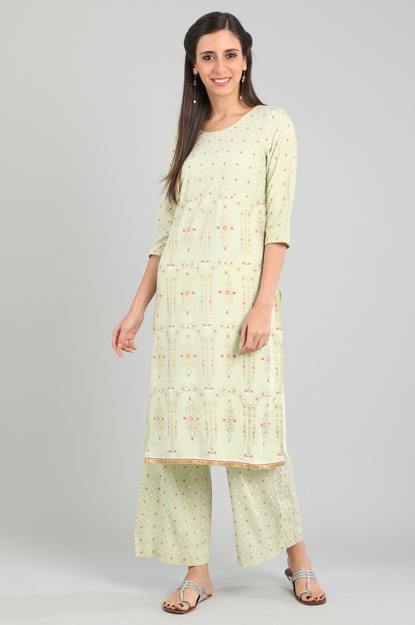 Green Round Neck Printed kurta