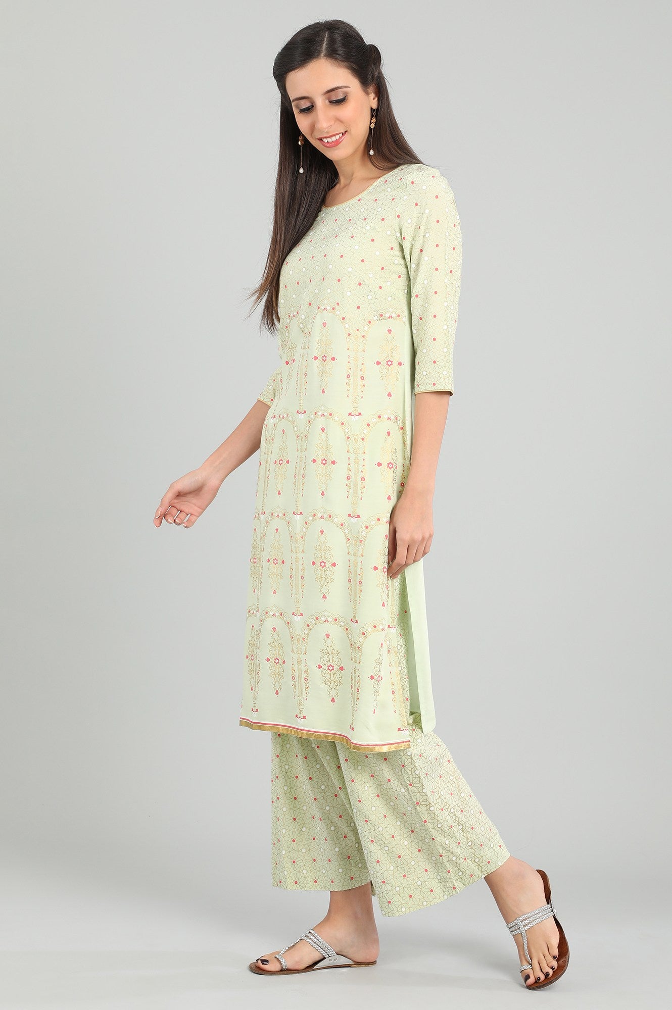 Green Round Neck Printed kurta