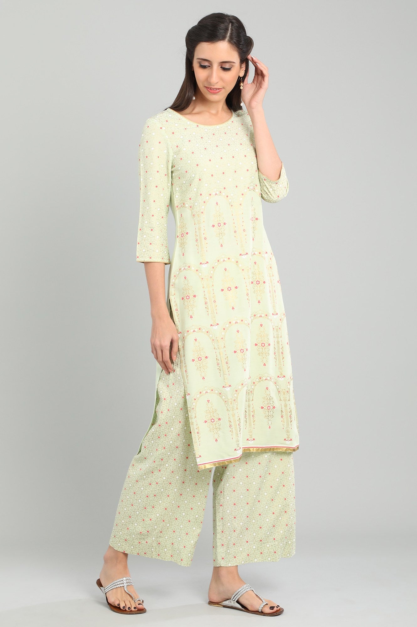 Green Round Neck Printed kurta