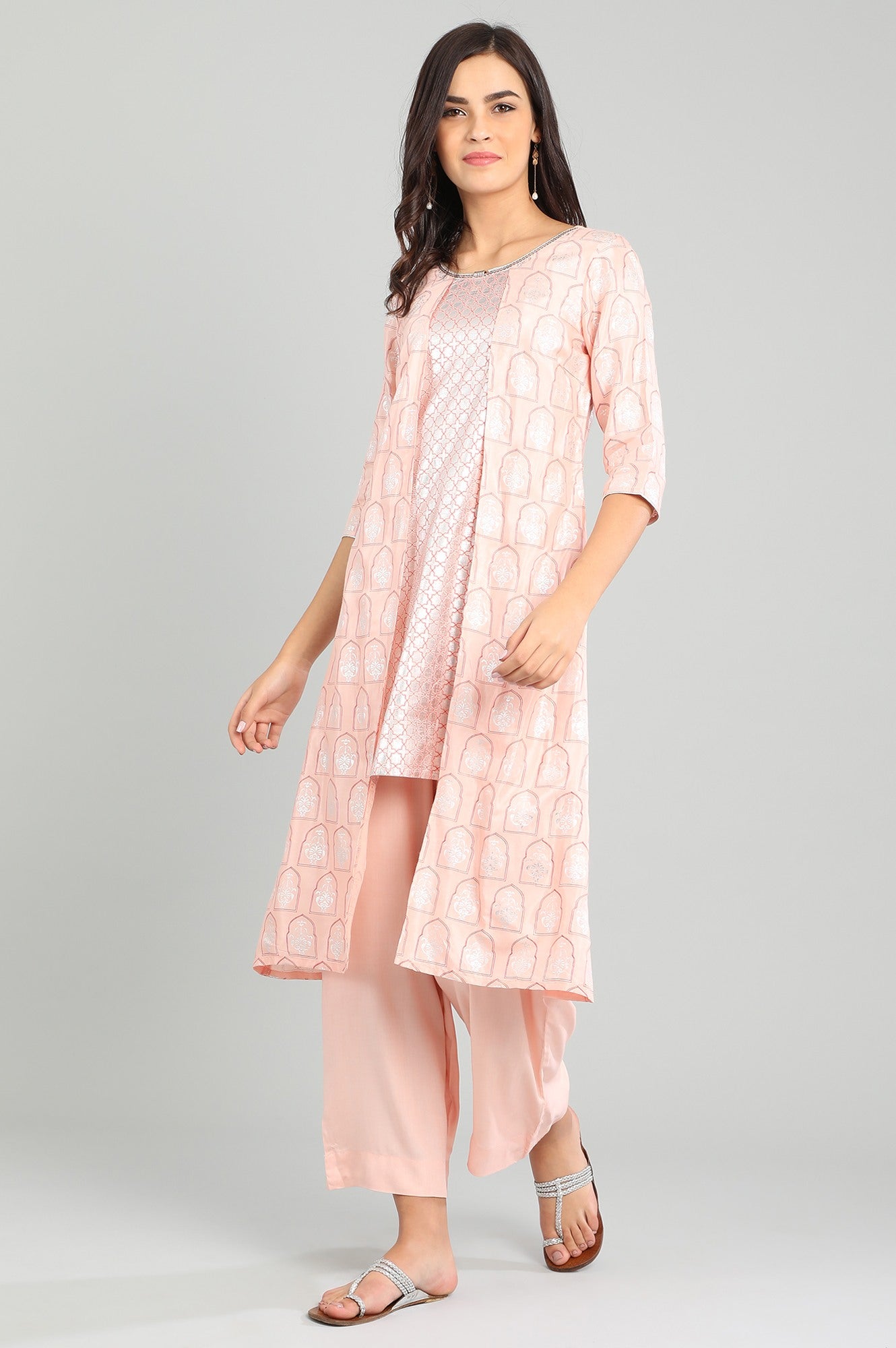 Pink Round Neck Printed kurta