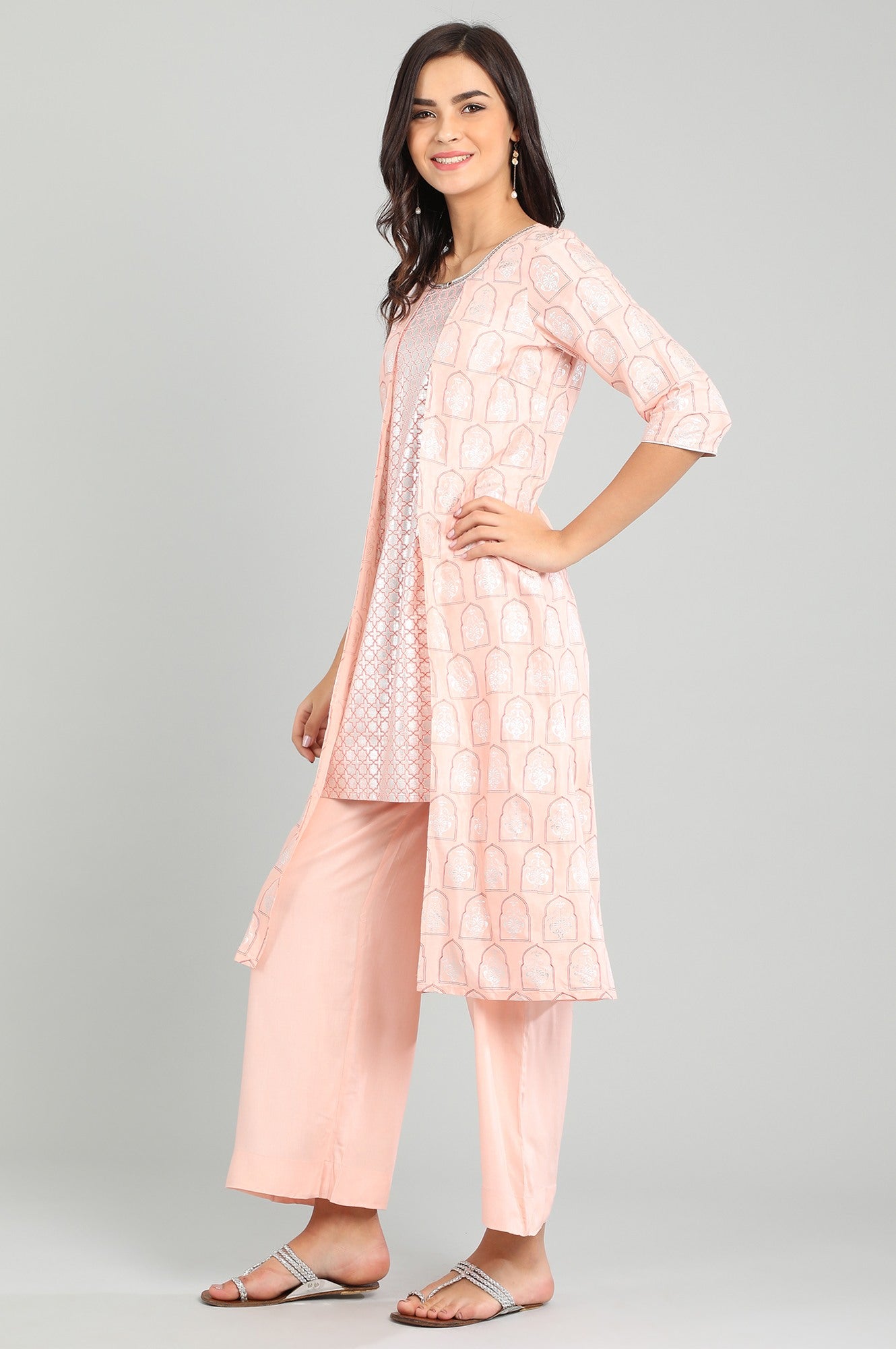 Pink Round Neck Printed kurta