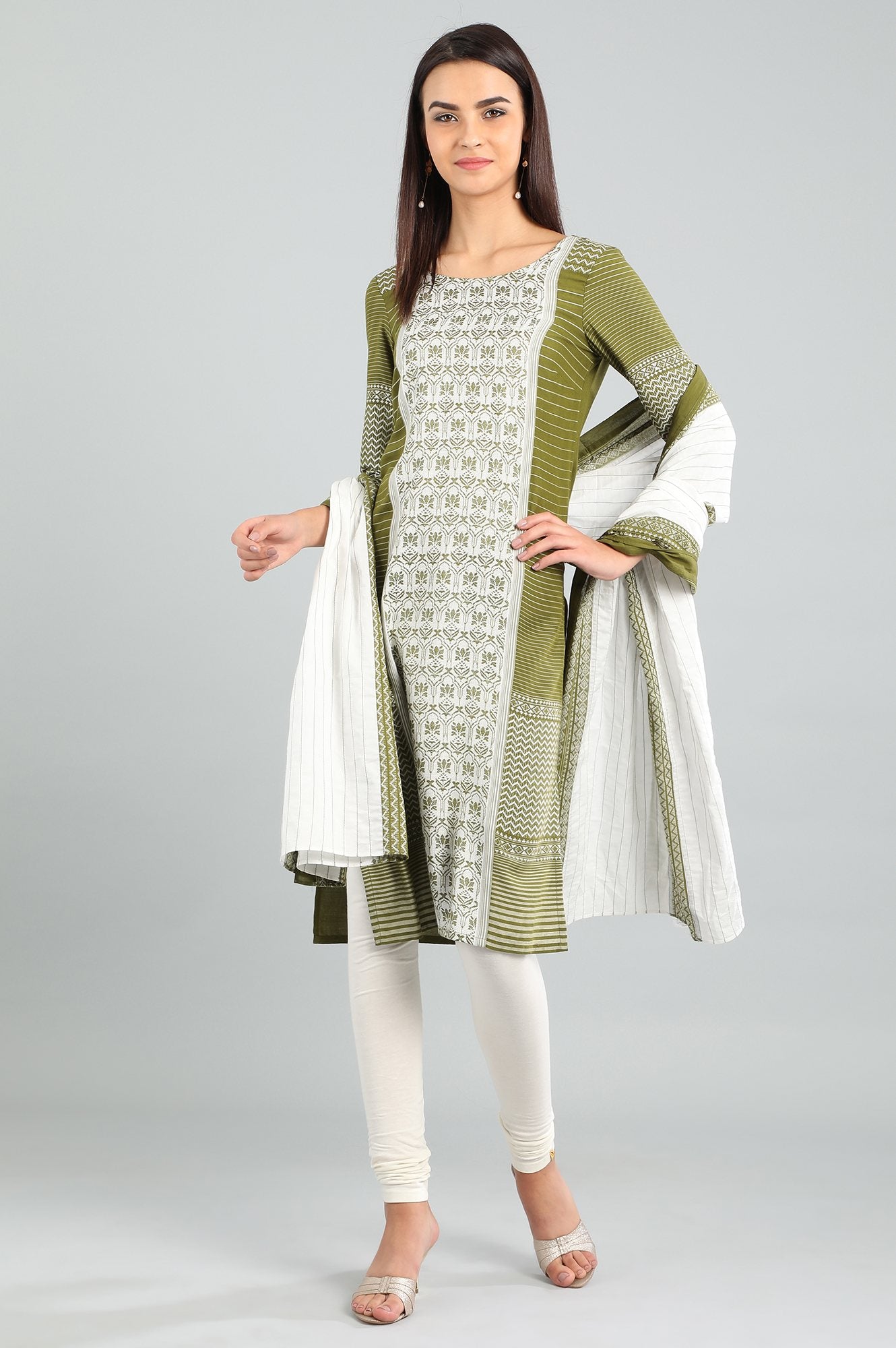 Green Round Neck Printed kurta