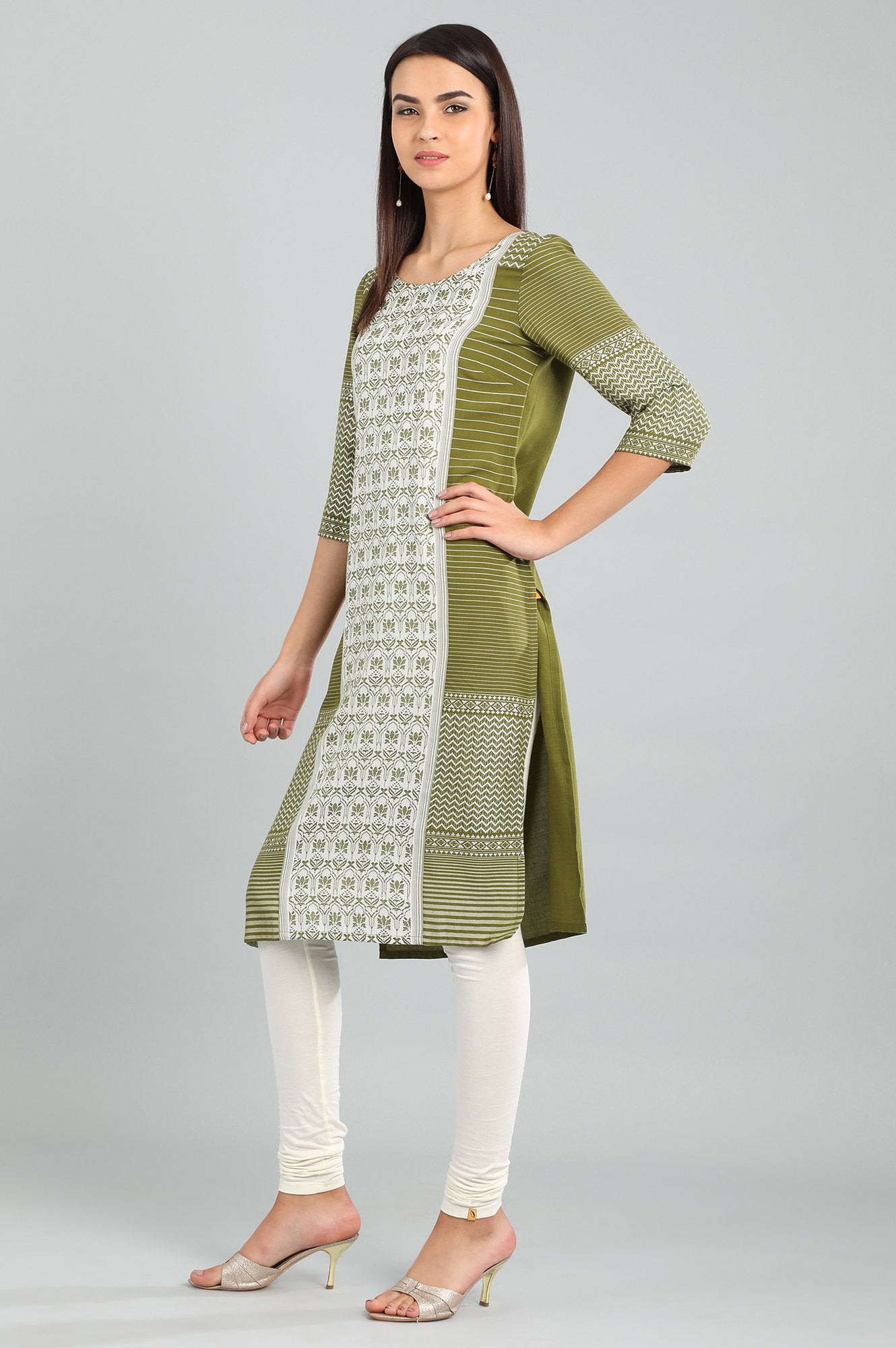 Green Round Neck Printed kurta