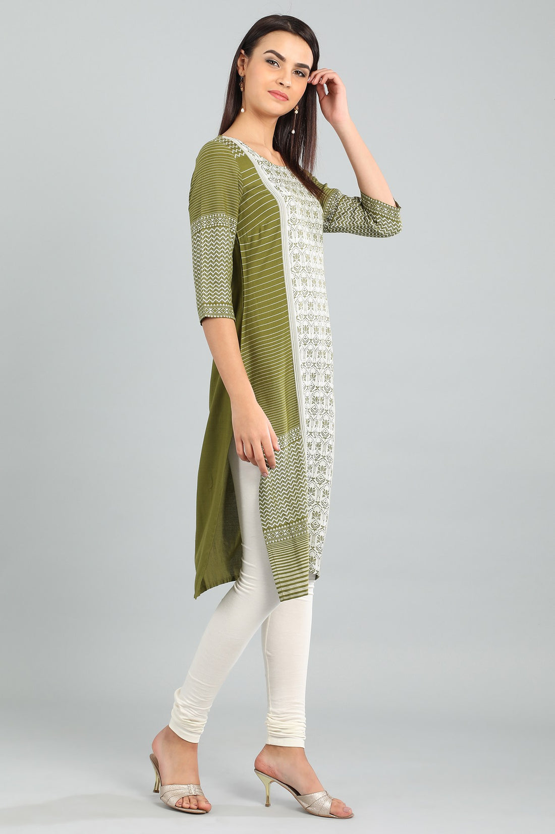Green Round Neck Printed kurta