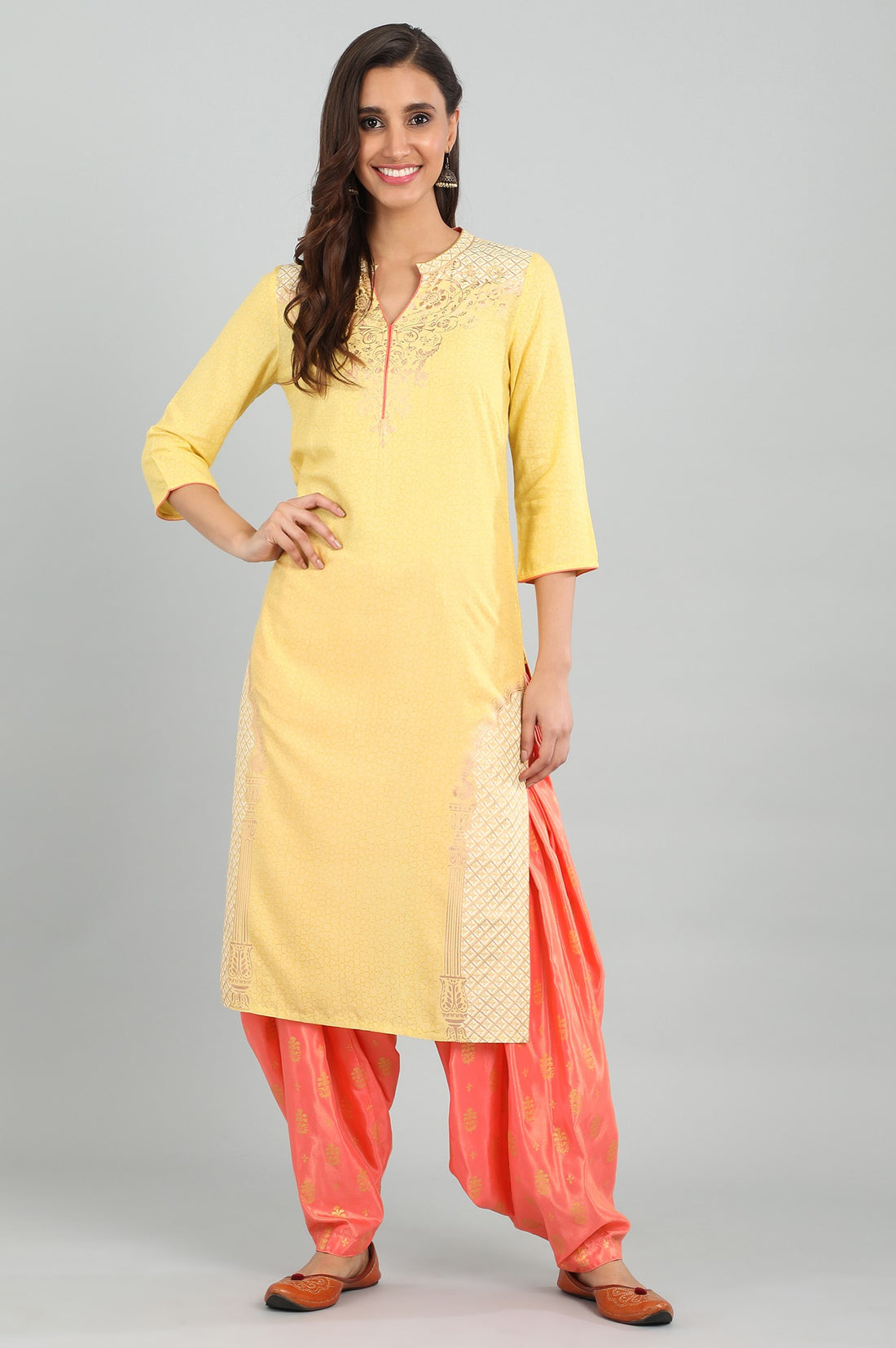 Yellow Band Collar Printed kurta