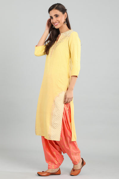 Yellow Band Collar Printed kurta