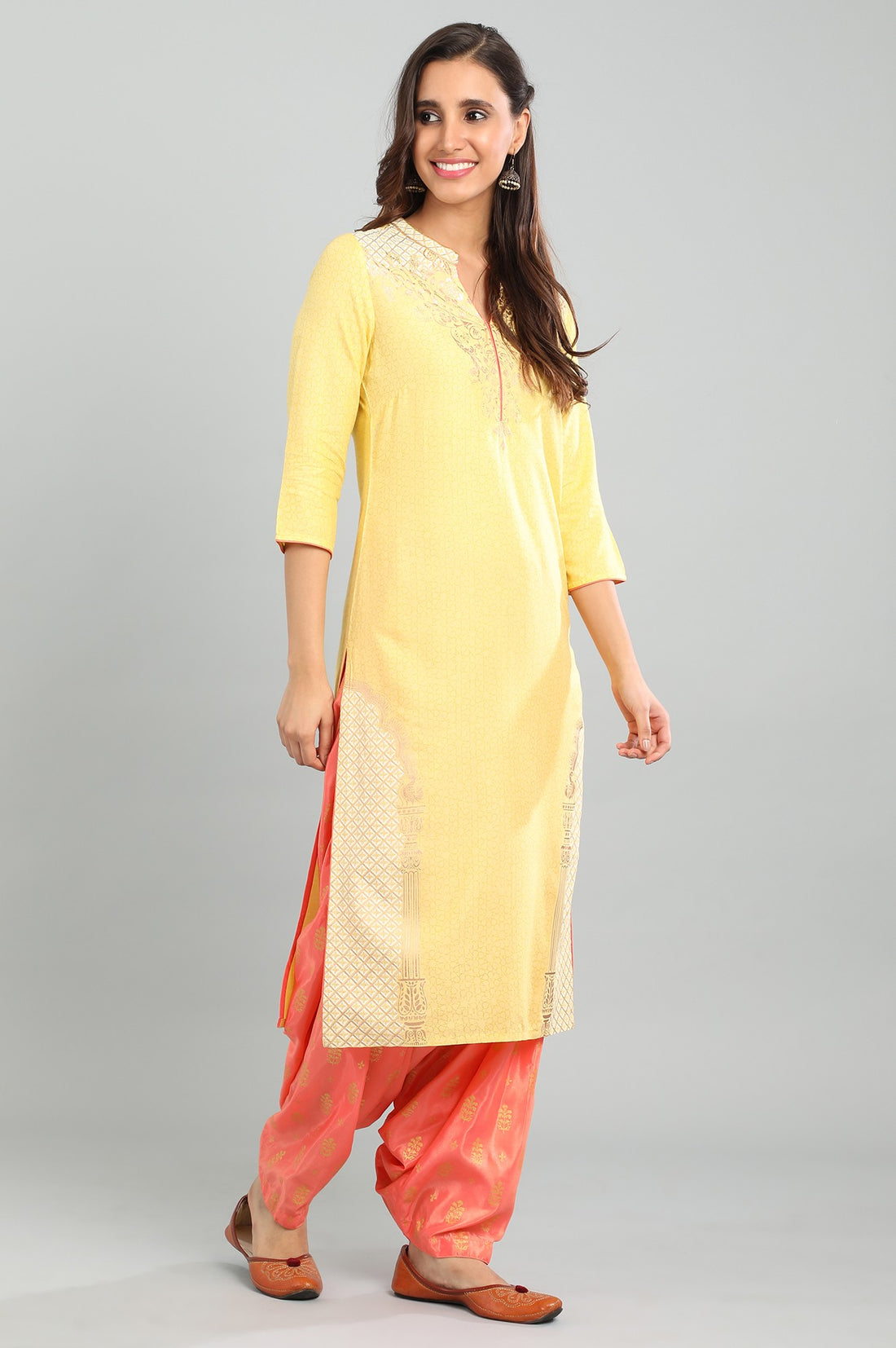 Yellow Band Collar Printed kurta