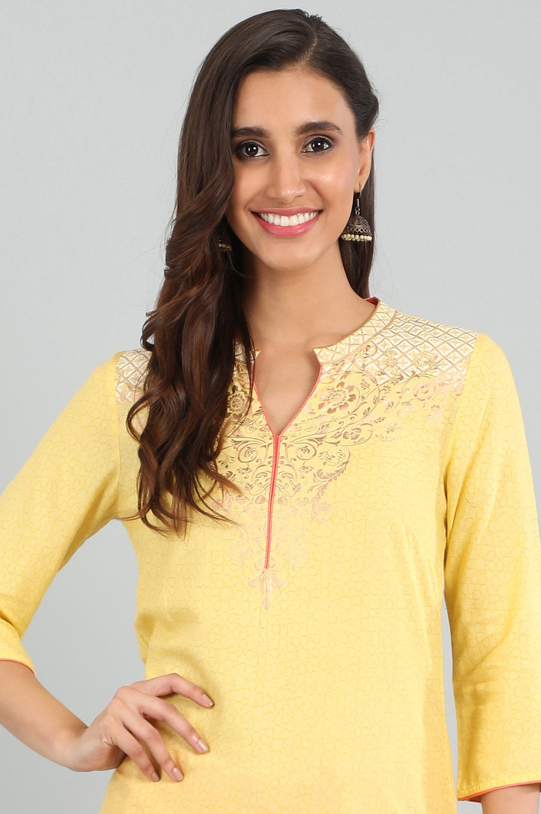 Yellow Band Collar Printed kurta