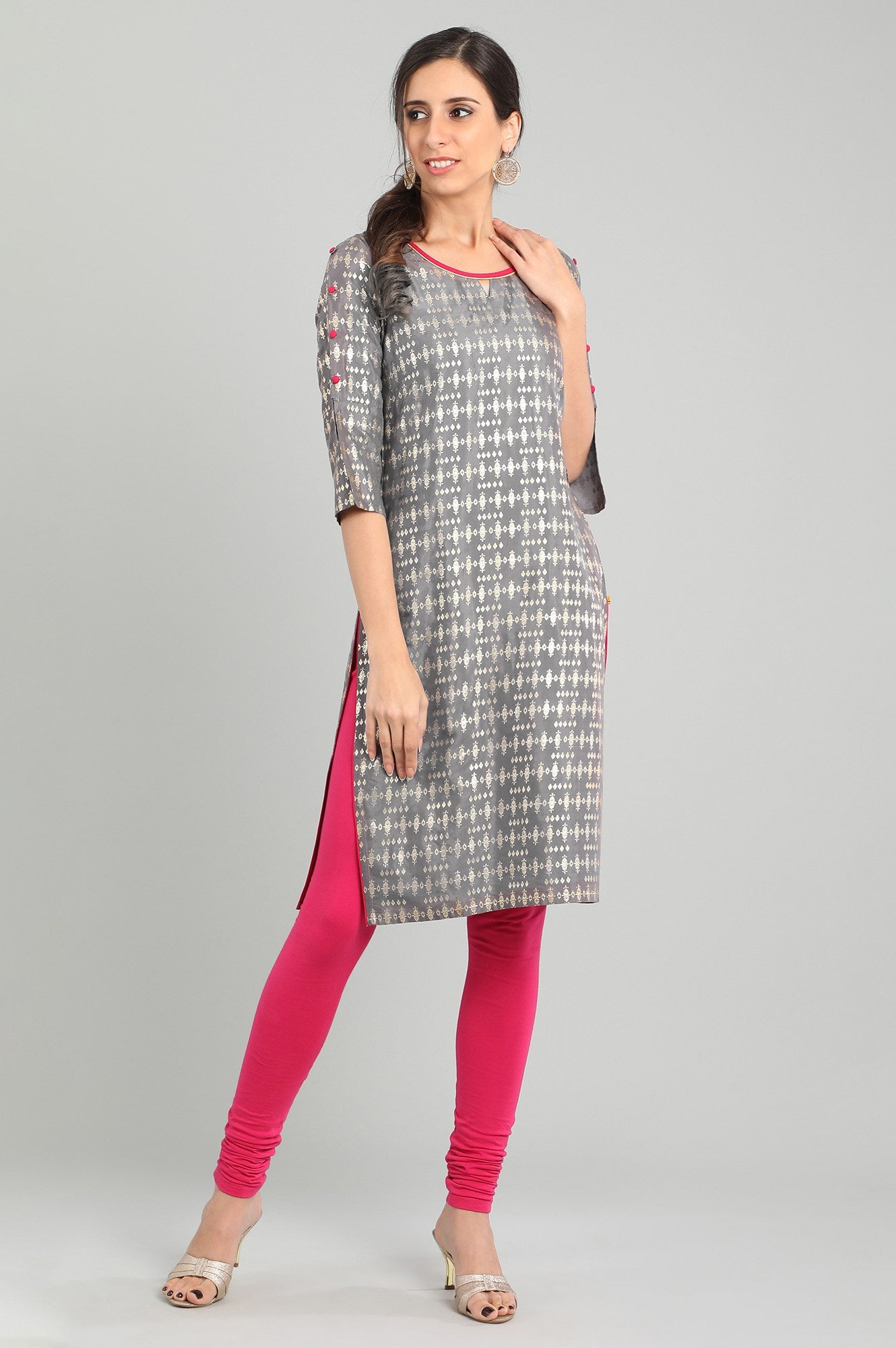 Grey Round Neck Printed kurta