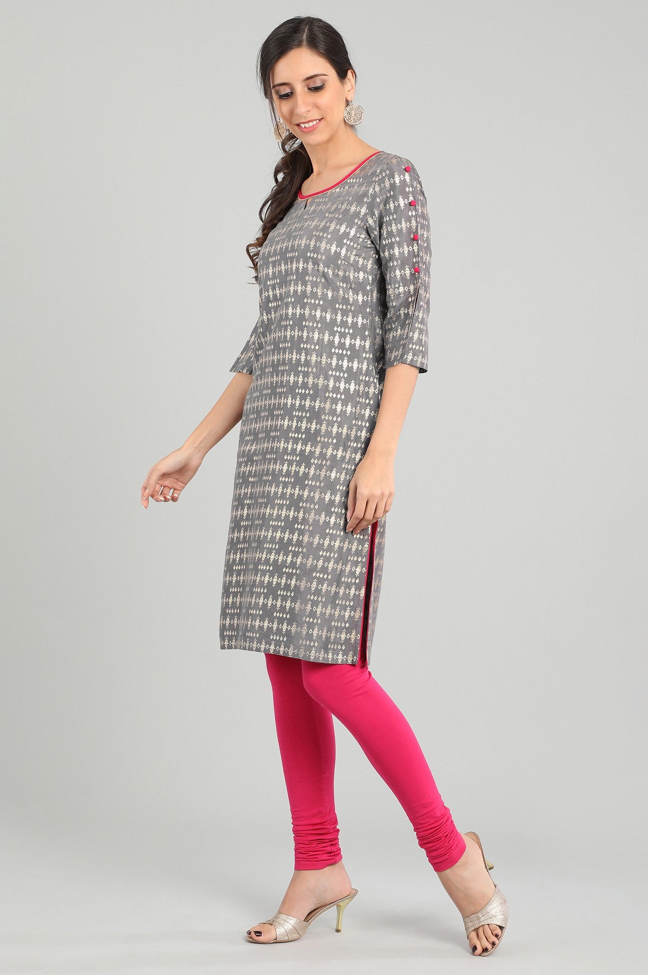 Grey Round Neck Printed kurta