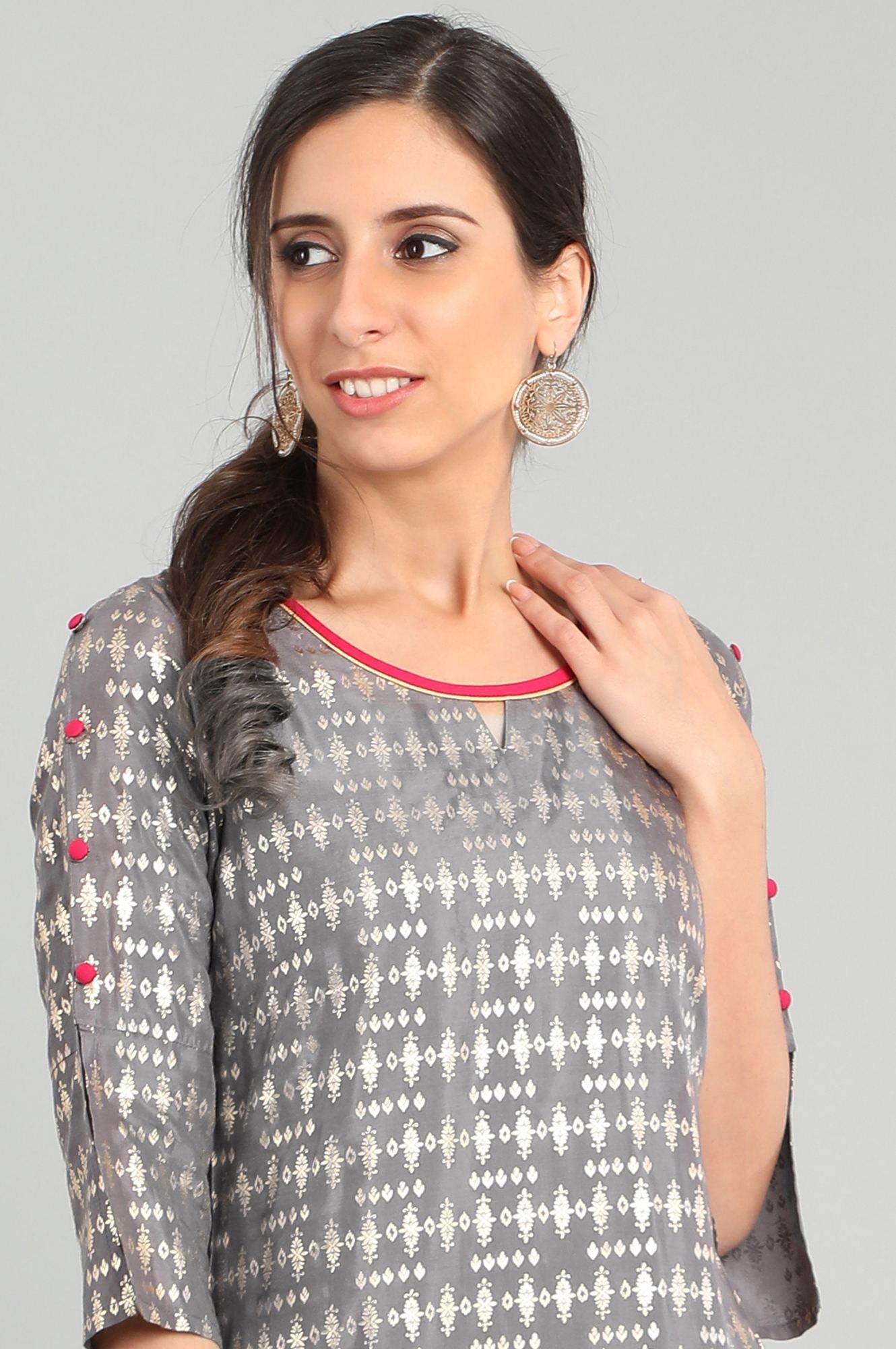 Grey Round Neck Printed kurta