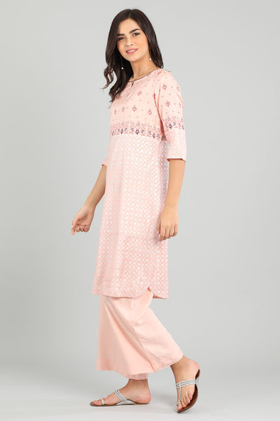 Pink Round Neck Printed kurta