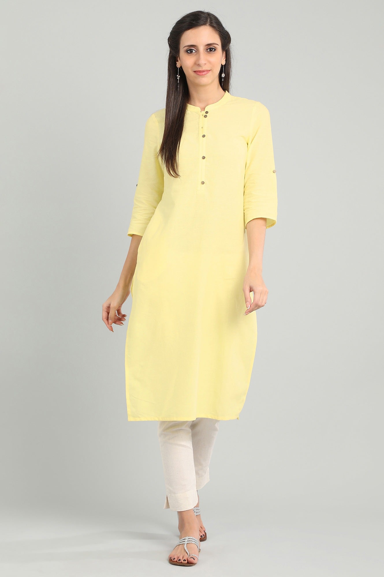 Yellow Band Collar Solid kurta