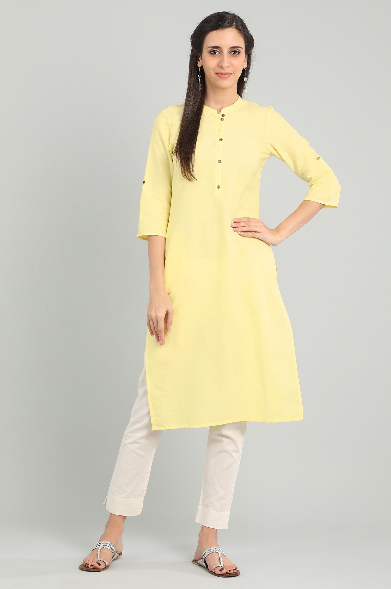 Yellow Band Collar Solid kurta