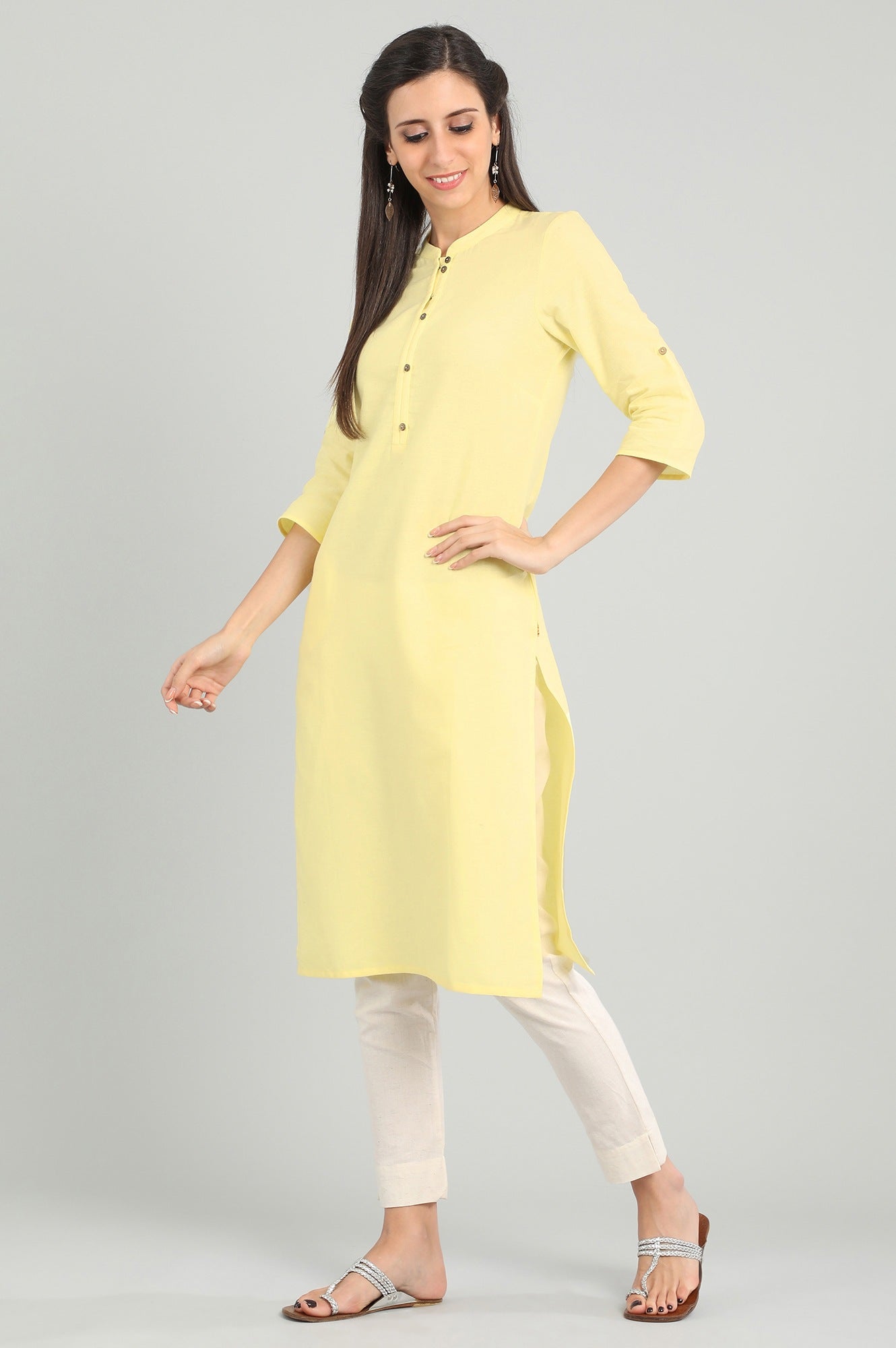 Yellow Band Collar Solid kurta