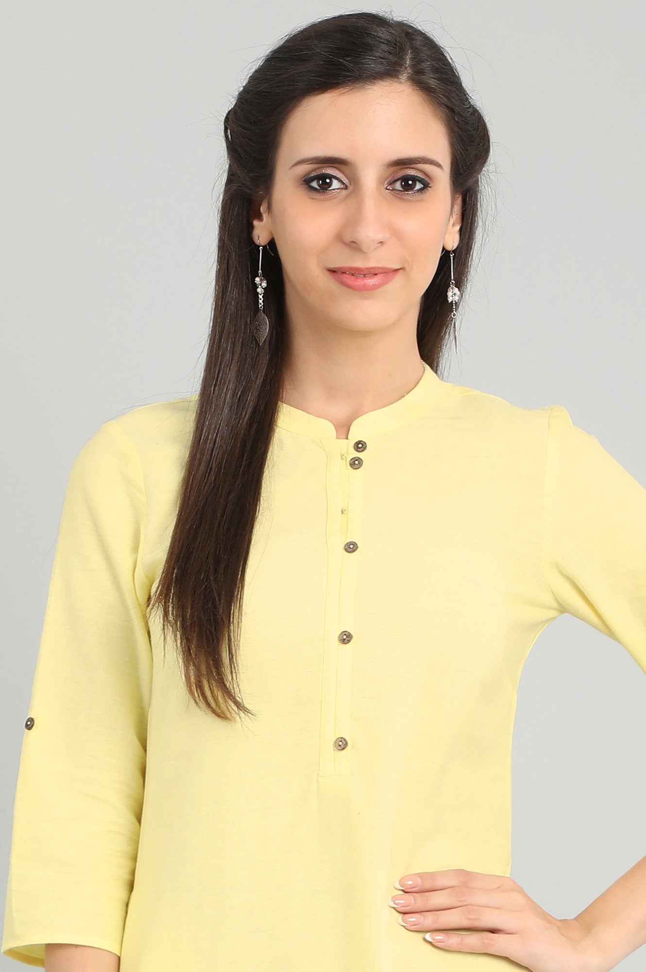 Yellow Band Collar Solid kurta