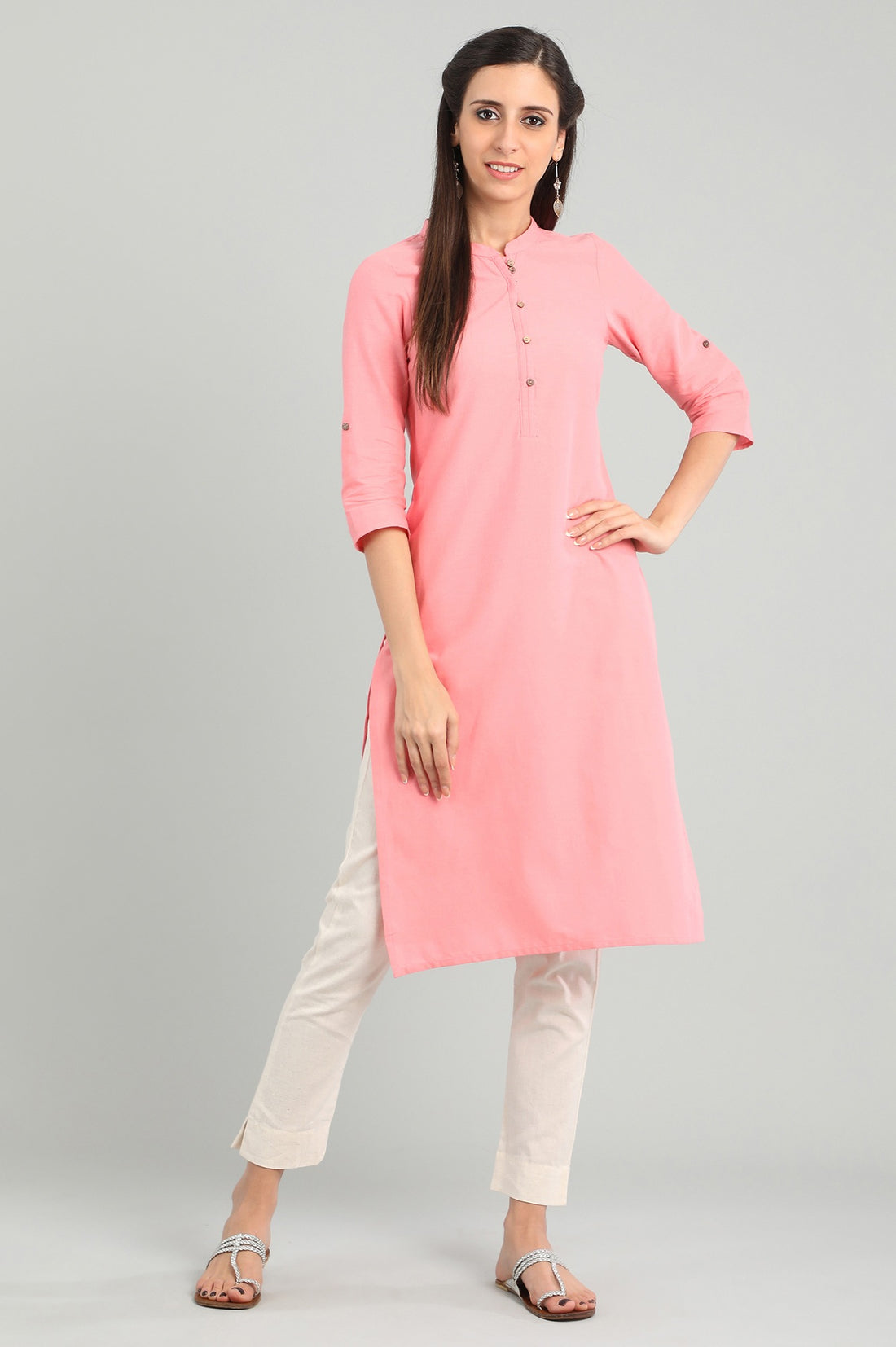Pink Band Collar Solid kurta