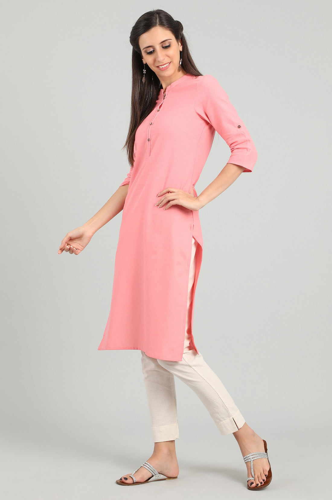 Pink Band Collar Solid kurta