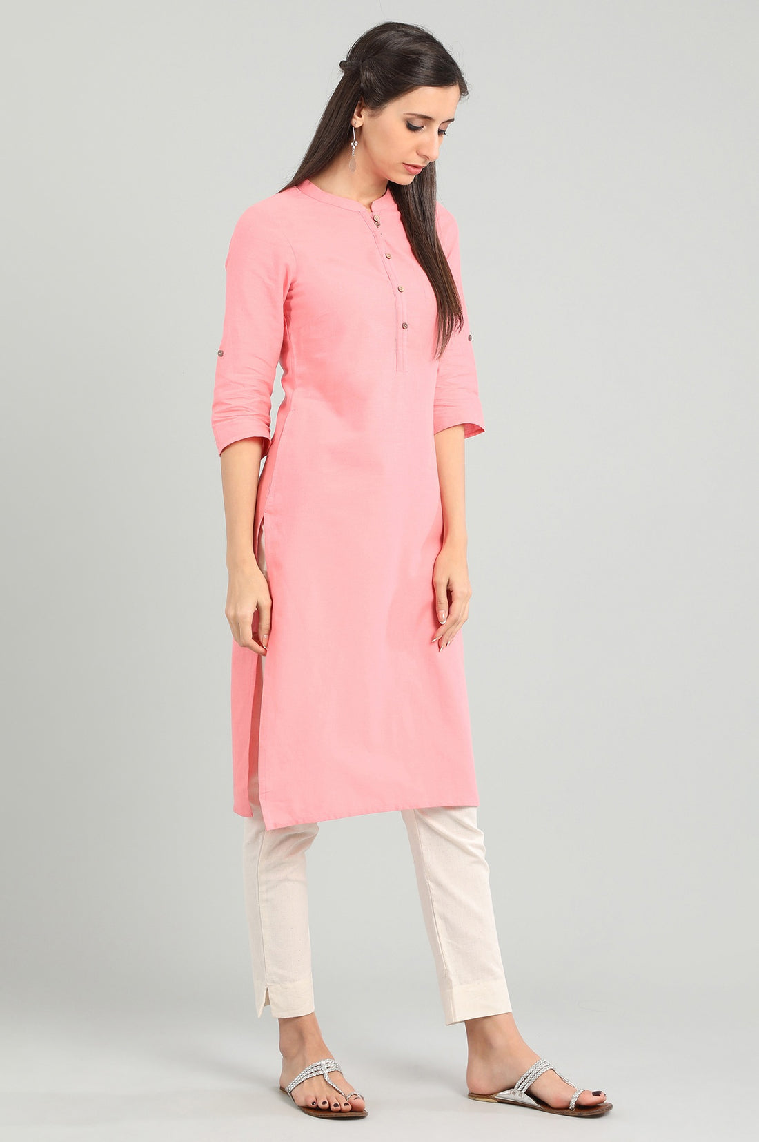 Pink Band Collar Solid kurta