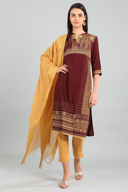 Maroon Mandarin Neck Printed kurta